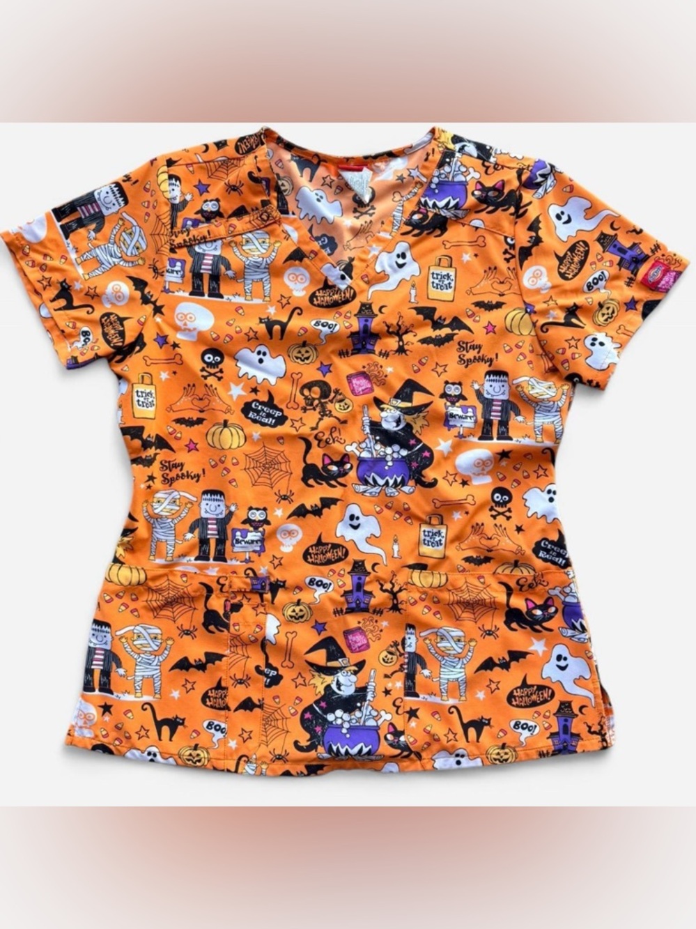 Dickies Orange Halloween Scrub Top with Witch & Ghost Print
